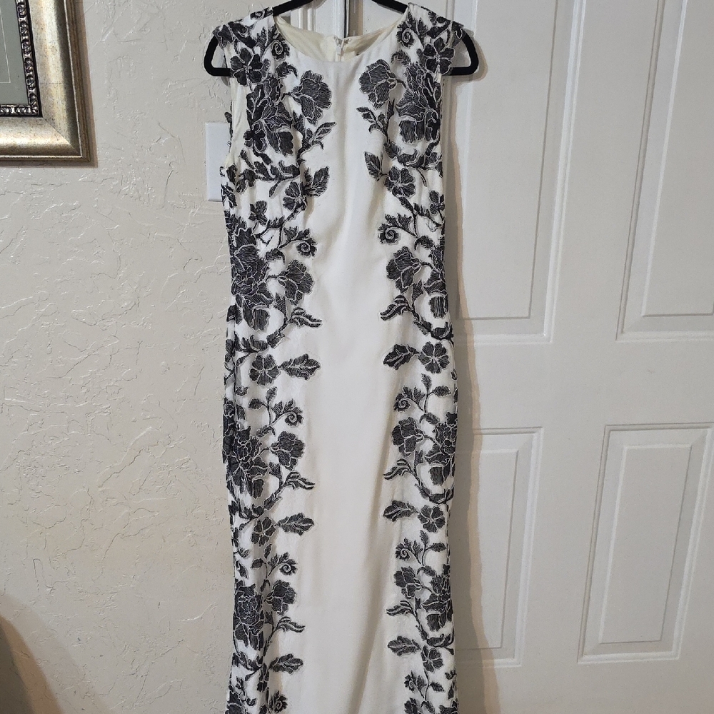 Tadashi Shoji Black Floral on White Maxi Dress